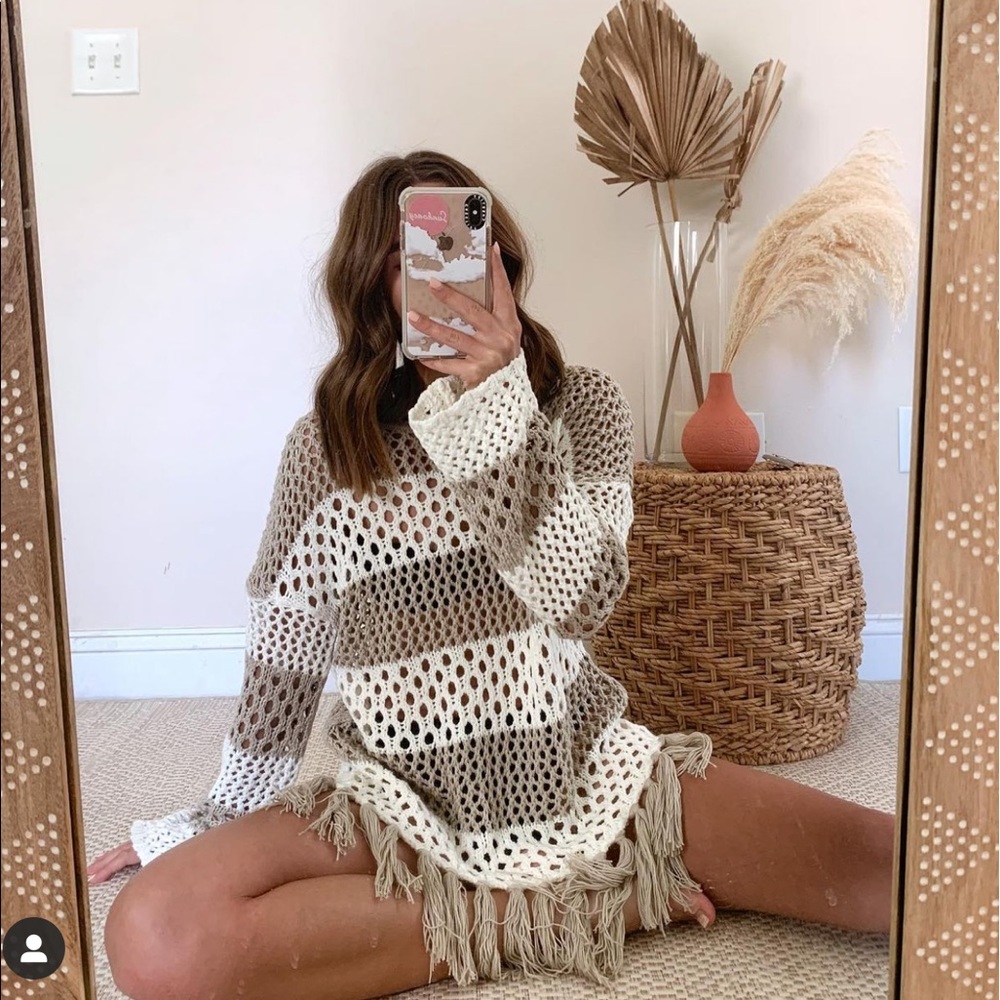 Francescas Striped Knit Coverup Fringe Dress